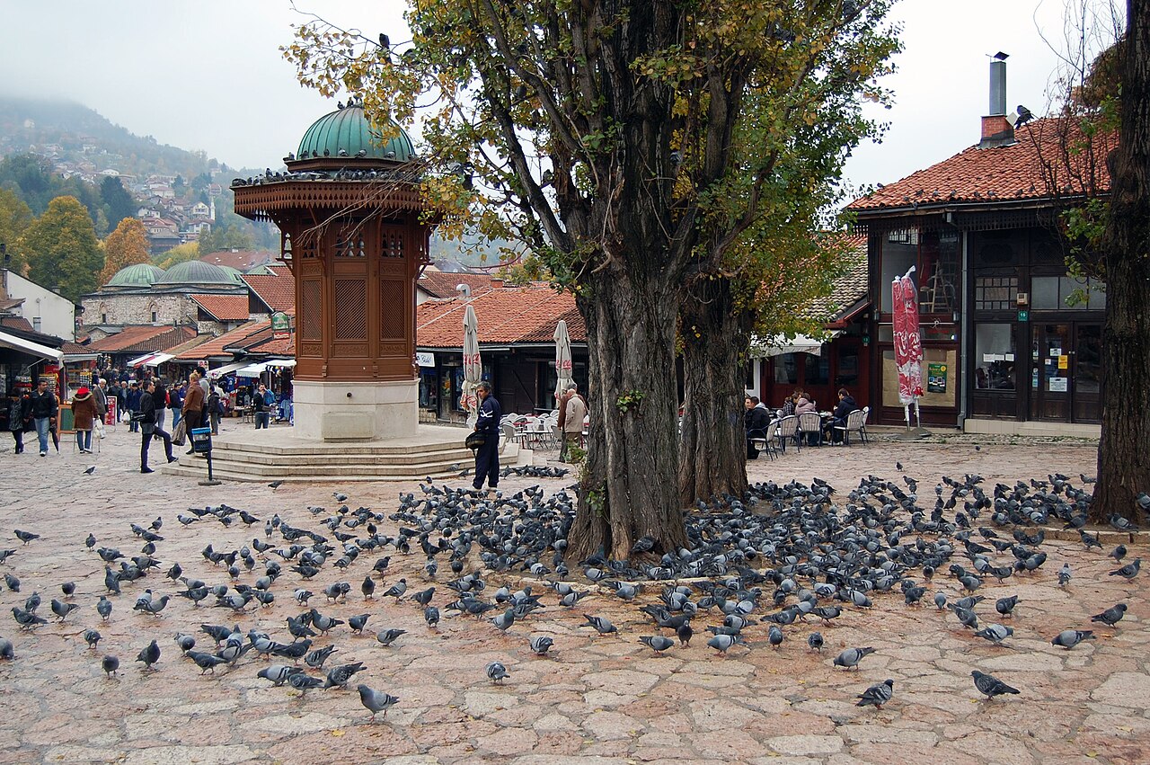 Sebilj na Baščaršiji u Sarajevu okružen golubovima