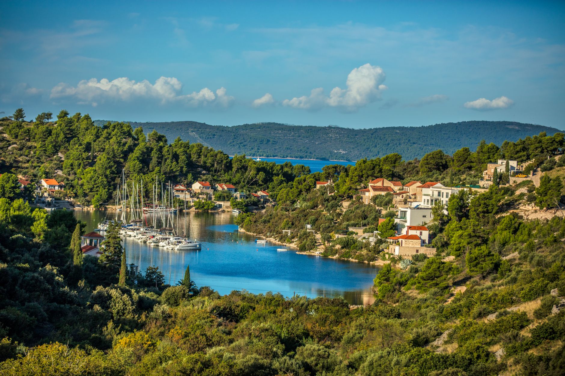 Peaceful coastal village with yachts docked, surrounded by lush greenery and hills.